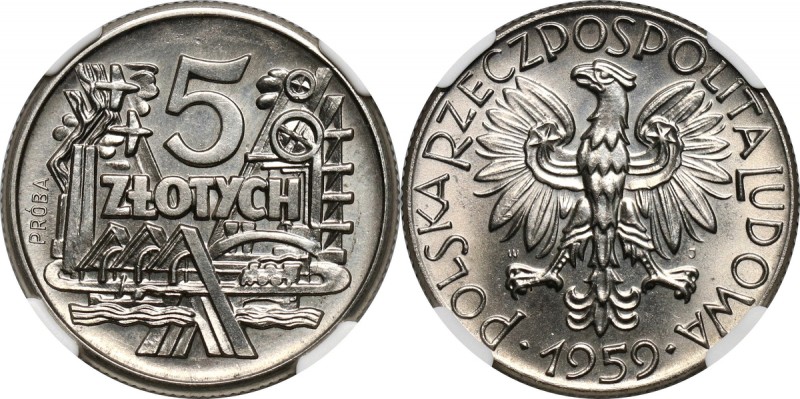 PRL, 5 złotych 1959, Symbole gospodarki, PRÓBA, nikiel Nakład: 500 sztuk.
Refer...