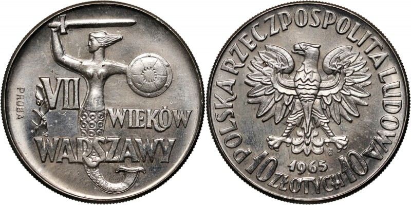 PRL, 10 złotych 1965, VII wieków Warszawy - chuda Syrenka, PRÓBA, nikiel Nakład:...