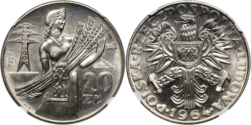 PRL, 20 złotych 1964, Kobieta z kłosami (XX Lat PRL), PRÓBA, nikiel Nakład: 500 ...