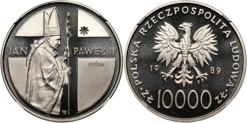 PRL, 10000 złotych 1989, Jan Paweł II, PRÓBA, nikiel Nakład: 500 sztuk. Najwyższ...