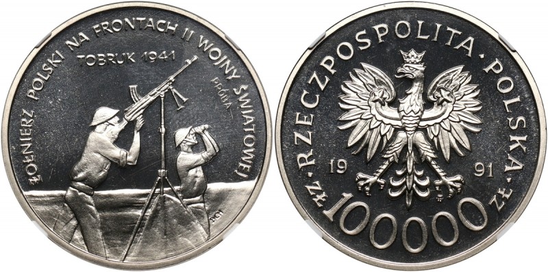 III RP, 100000 złotych 1991, Tobruk, PRÓBA, nikiel Nakład: 500 sztuk. Najwyższa ...