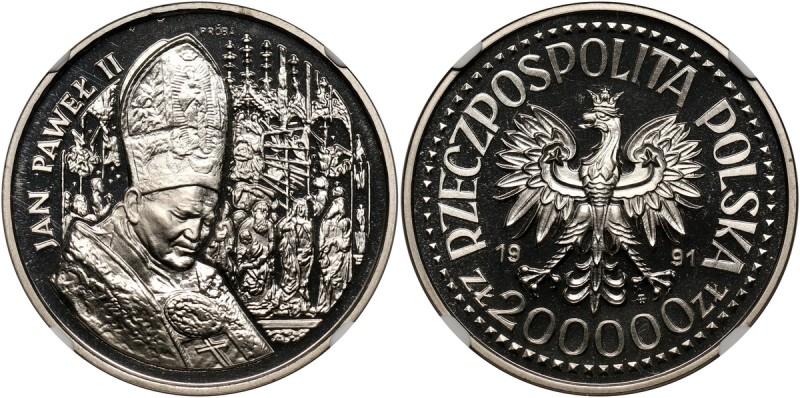 III RP, 200000 złotych 1991, Jan Paweł II, PRÓBA, nikiel Nakład: 500 sztuk.
Ref...