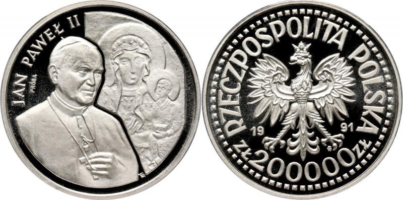 III RP, 200000 złotych 1991, Jan Paweł II, PRÓBA, srebro Najwyższa możliwa nota....