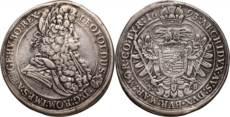 Austria, Leopold I, Thaler 1693 KB, Kremnitz Silver 26,96 g.
 Srebro 26,96 g. Ś...