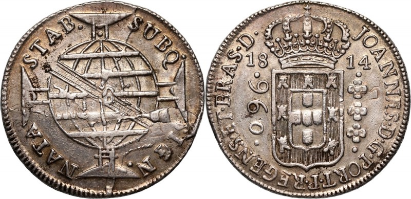 Brazil, Joao, 960 reis 1814 B, Bahia Struck over silver 8 Reales. Nice coin with...