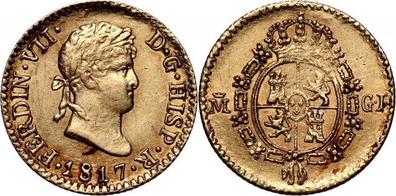 Spain, Ferdinand VII, 1/2 Escudo 1817 M-GJ, Madrid Gold 1,53 g.
Złoto 1,53 g.
...