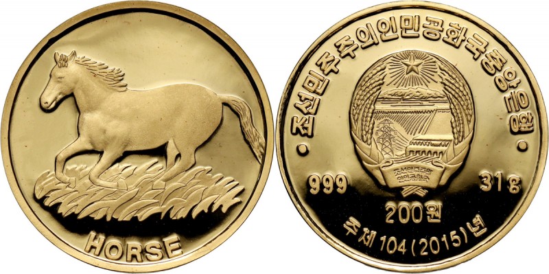 North Korea, 200 Won 2015, Horse Gold 31 g (Au999). Scarce type of coin in origi...