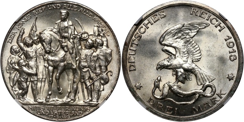Germany, Prussia, Wilhelm II, 3 Mark 1913 A, Berlin, 100th anniversary of the vi...
