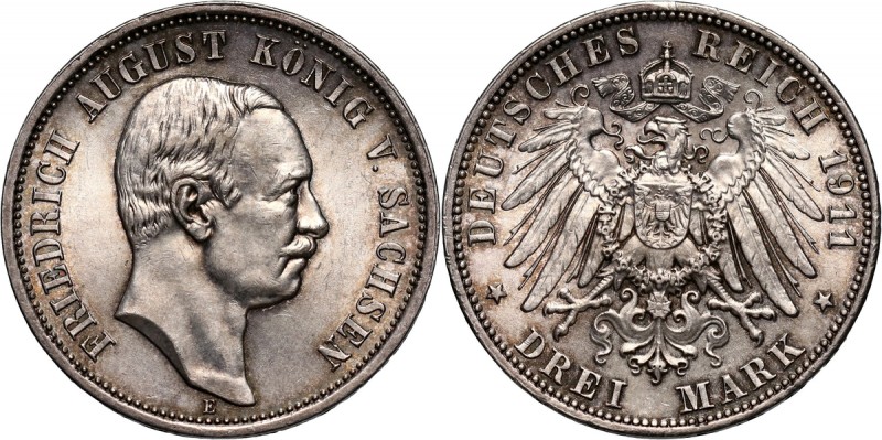 Germany, Saxony, Friedrich August III, 3 Mark 1911 E, Muldenhütten Nice coin wit...