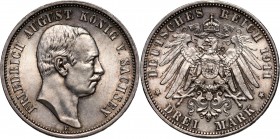 Germany, Saxony, Friedrich August III, 3 Mark 1911 E, Muldenhütten