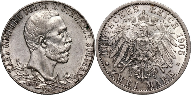 Germany, Schwarzburg-Sondershausen, Karl Günther, 2 Mark 1905, Berlin Silver. Un...