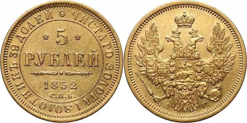 Russia, Nicholas I, 5 Roubles 1852 СПБ АГ, St. Petersburg Gold 6,51 g.
 Złoto 6...