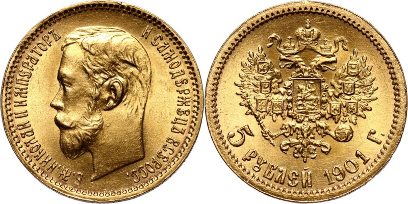 Russia, Nicholas II, 5 Roubles 1901 (ФЗ), St. Petersburg Gold 4,30 g.
 Złoto 4,...