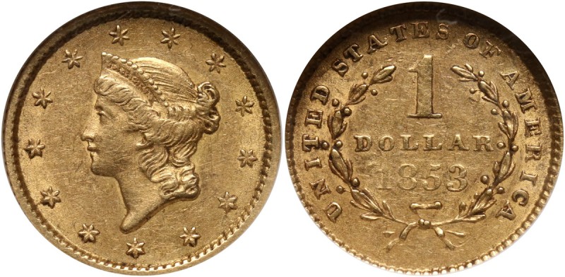 USA, Dollar 1853, Philadelphia Złoto. Ładny, okołomenniczy egzemplarz.
Referenc...