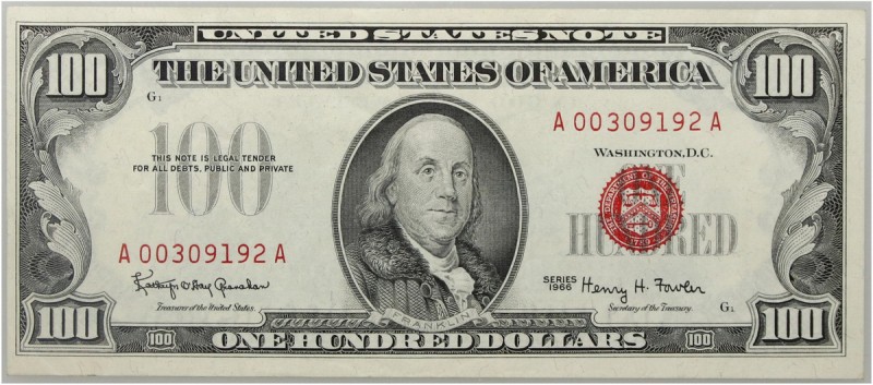 USA, 100 Dollars 1966, Legal Tender Note Numer A00309192A. Czerwona pieczęć (red...