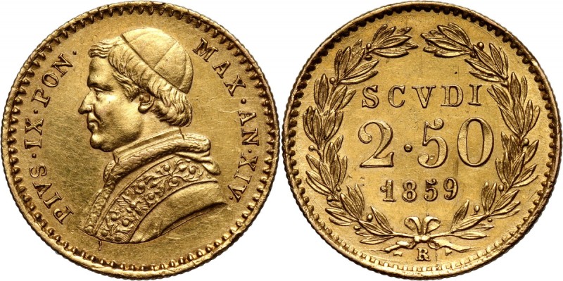 Vatican, Pius IX, 2 1/2 Scudo 1859-XIV R, Rome Gold 4,34 g.
 Złoto 4,34 g.
Ref...