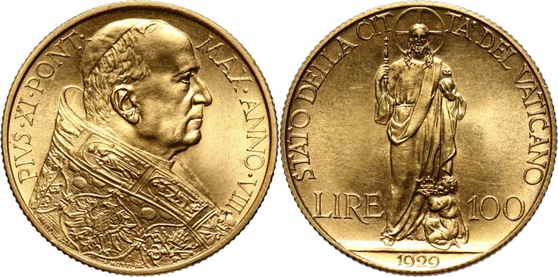 Vatican, Pius XI, 100 Lire 1929 Gold 8,79 g.
 Złoto 8,79 g. Menniczy egzemplarz...