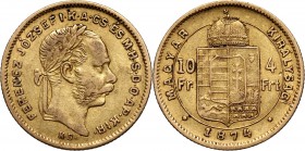 Hungary, Franz Joseph I, 4 Forint = 10 Francs 1874 KB, Kremnitz