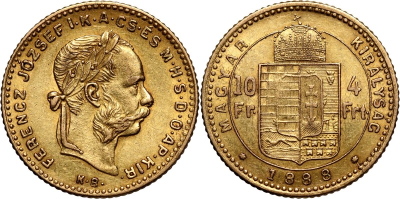 Hungary, Franz Joseph I, 4 Forint = 10 Francs 1888 KB, Kremnitz Gold 3,21 g.
 Z...