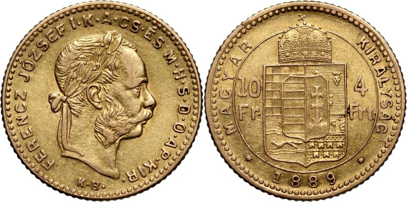 Hungary, Franz Joseph I, 4 Forint = 10 Francs 1889 KB, Kremnitz Gold 3,18 g.
 Z...