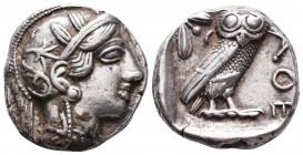 ATTICA. Athens. Circa 454-404 BC.AR Tetradrachm

Obverse : Helmeted head of Athena right
Reverse : AΘE; owl standing right, head facing; olive spri...