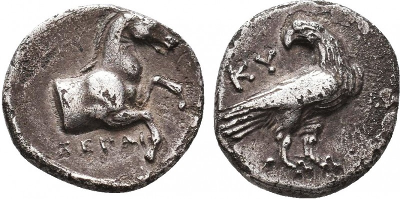 AEOLIS. Kyme. Hemidrachm (Circa 350-250 BC). Obv: KY. Eagle standing right, head...