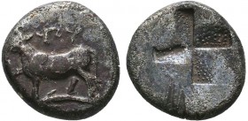 Byzantion , Thrace. AR Siglos, c. 340-320 BC.
Obv. Bulll standing left on dolphin, ΠY in field.
Rev. Quadripartite incuse square of mill-sail form....