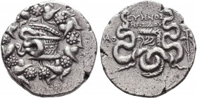 PHRYGIA. Laodikeia. Cistophorus (Circa 166-67 BC). Eyenos, Hrodou, magistrate.
Obv: Cista mystica with serpent; all within ivy wreath.
Rev: ΛAO / EY...