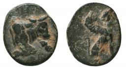 CARIA. Kaunos. Ae (Circa 350-300 BC).
Obv: Forepart of bull right.
Rev: K - A.
Sphinx seated right.
Konuk pl. 50, A; SNG Copenhagen 181.

Condit...