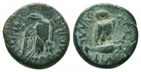 PHRYGIA. Synnada. Tiberius (14-37). Ae. Claudius Valerianus, magistrate.
Obv: OVAΛЄPIANOV.
Eagle.
Rev: CVNNAΔЄΩN.
Owl standing right on overturned...