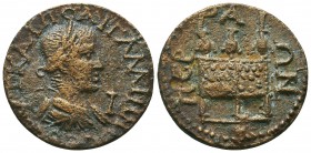 Gallienus Æ 10 Assaria, of Perge, Pamphylia. AD 253-268. Radiate, draped and cuirassed bust r., seen from behind; I (mark of value) before / Cult idol...