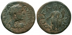 PAMPHYLIA, Perge. Caracalla. AD 198-217. Æ
Caracalla. AD 198-217. Æ. Radiate, draped and cuirassed bust right , Tyche standing facing, head left, hol...