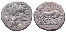 Sex. Pompeius Fostlus AR Denarius. Rome, 137 BC. Helmeted head of Roma to right; behind, jug; X below chin / SEX•PO FOSTLVS, below, ROMA, she-wolf sta...