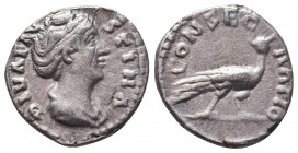 DIVA FAUSTINA I (Died 140/1). Denarius. Rome.
Obv: DIVA FAVSTINA.
Draped bust right.
Rev: CONSECRATIO.
Peacock advancing right, head turned left....