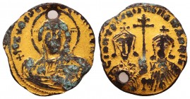 CONSTANTINE VII PORPHYROGENITUS with ROMANUS II (913-959). Fourrée Solidus. Constantinople.
Obv: + IҺS XPS RЄX RЄGNANTIЧM.
Facing bust of Christ Pan...