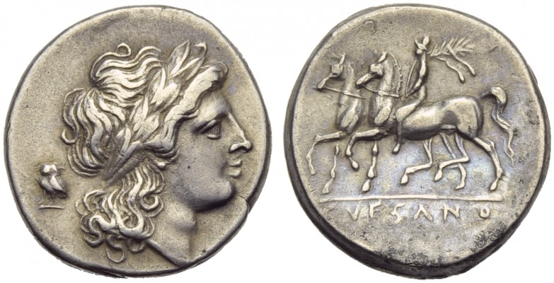 Campania, Suessa Aurunca, Didrachm, c. 265-240 BC; AR (g 7,23; mm 22; h 6); Laur...