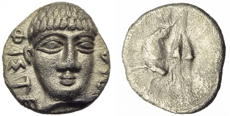 Campania, Phistelia, Obol, c. 325-275 BC; AR (g 0,65; mm 10; h 12); Young male h...