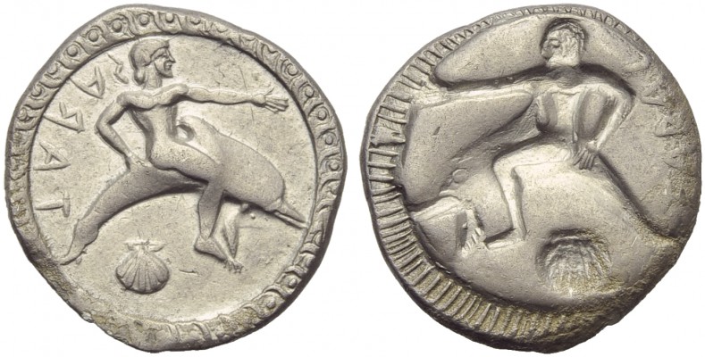 Apulia, Tarentum, Nomos, c. 510-500 BC;; AR (g 8,03; mm 24; h 11); TΑΡΑΣ, oecist...