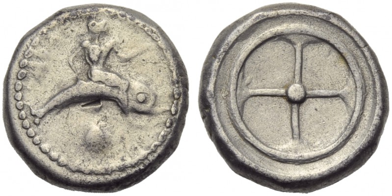 Apulia, Tarentum, Nomos, c. 500-480 BC; AR (g 8,03; mm 19; h 12); TΑΡΑΣ (retrogr...