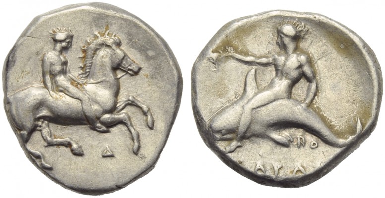 Apulia, Tarentum, Nomos, c. 380-340 BC; AR (g 7,74; mm 21; h 3); Horseman gallop...