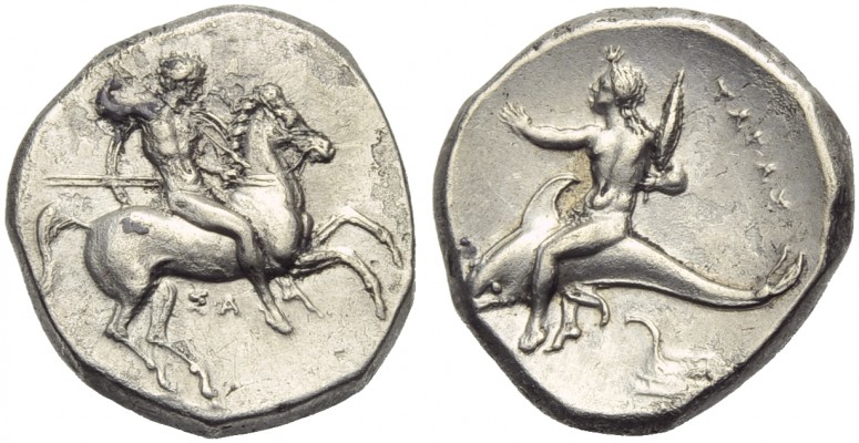 Apulia, Tarentum, Nomos, c. 332-302 BC; AR (g 7,74; mm 21; h 5); Horseman gallop...