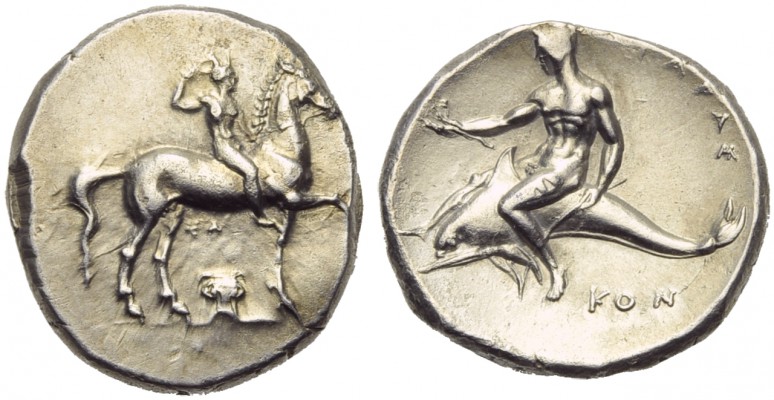 Apulia, Tarentum, Nomos, c. 332-302 BC; AR (g 7,83; mm 22; h 3); Horseman advanc...