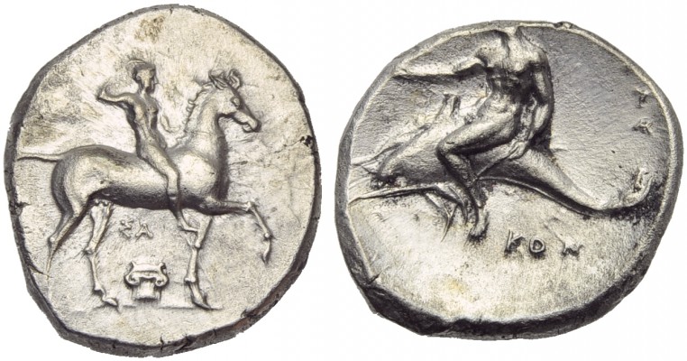 Apulia, Tarentum, Nomos, c. 332-302 BC; AR (g 7,81; mm 23; h 10); Horseman advan...