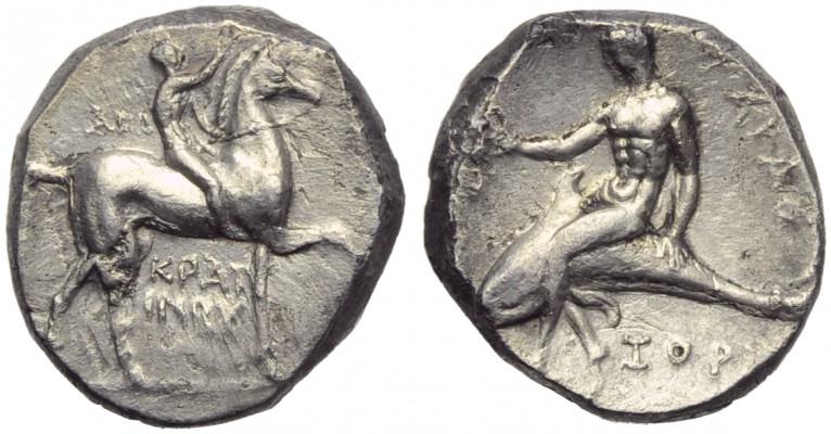 Apulia, Tarentum, Nomos, c. 302-280 BC; AR (g 7,58; mm 21; h 1); Horseman advanc...