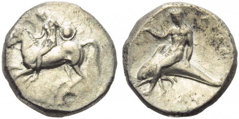 Apulia, Tarentum, Nomos, c. 302-280 BC; AR (g 7,70; mm 20; h 6); Horseman riding...