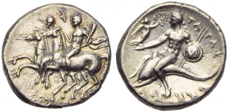 Apulia, Tarentum, Nomos, c. 280-272 BC; AR (g 6,36; mm 21; h 8); The Dioskouroi ...