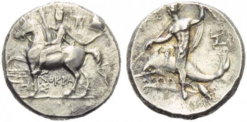 Apulia, Tarentum, Nomos, c. 240-228 BC; AR (g 6,38; mm 20; h 6); Cuirassed and c...