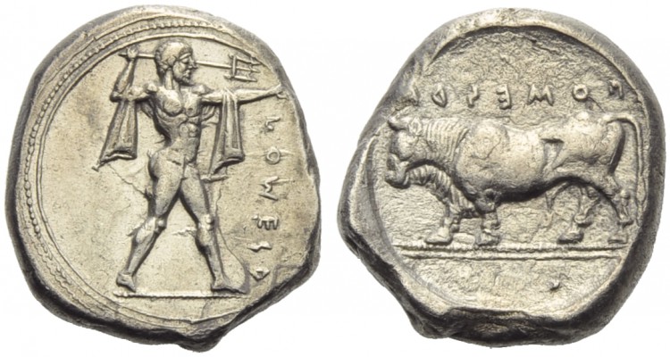 Lucania, Poseidonia, Stater, c. 445-420 BC; AR (g 8,14; mm 19; h 11); ΠOΣEIΔ, Po...