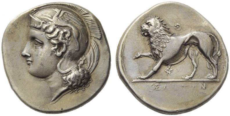 Lucania, Velia, Didrachm, c. 334-300 BC; AR (g 7,46; mm 21; h 2); Head of Athena...