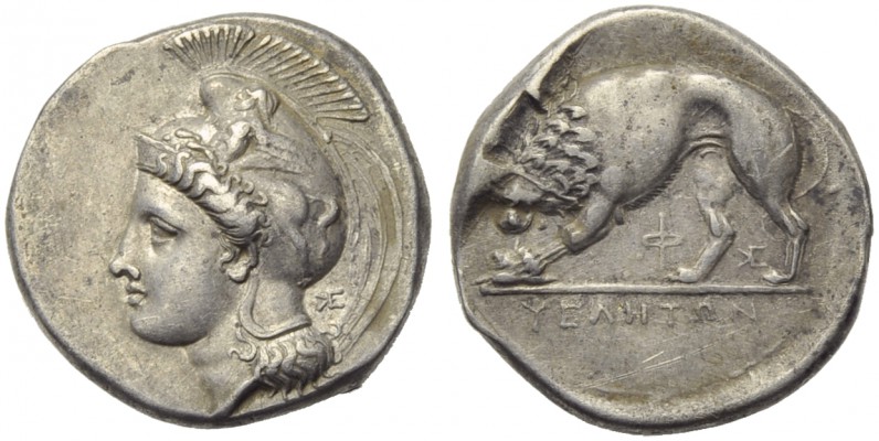 Lucania, Velia, Didrachm, c. 334-300 BC; AR (g 7,49; mm 21; h 12); Head of Athen...